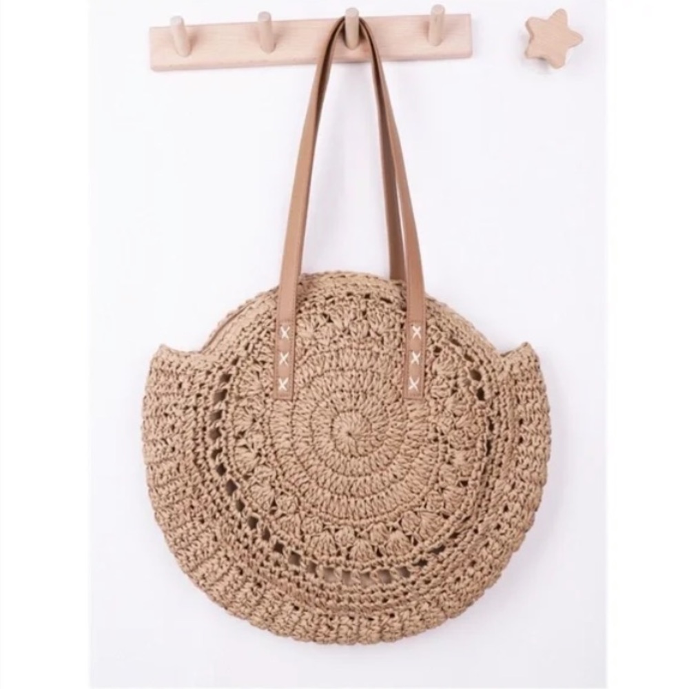 Boho Tan Round Large Straw Tote Summer Bag